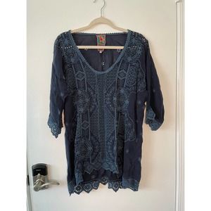 Johnny Was Navy Blue Embroidered V-Neck Blouse Size S
